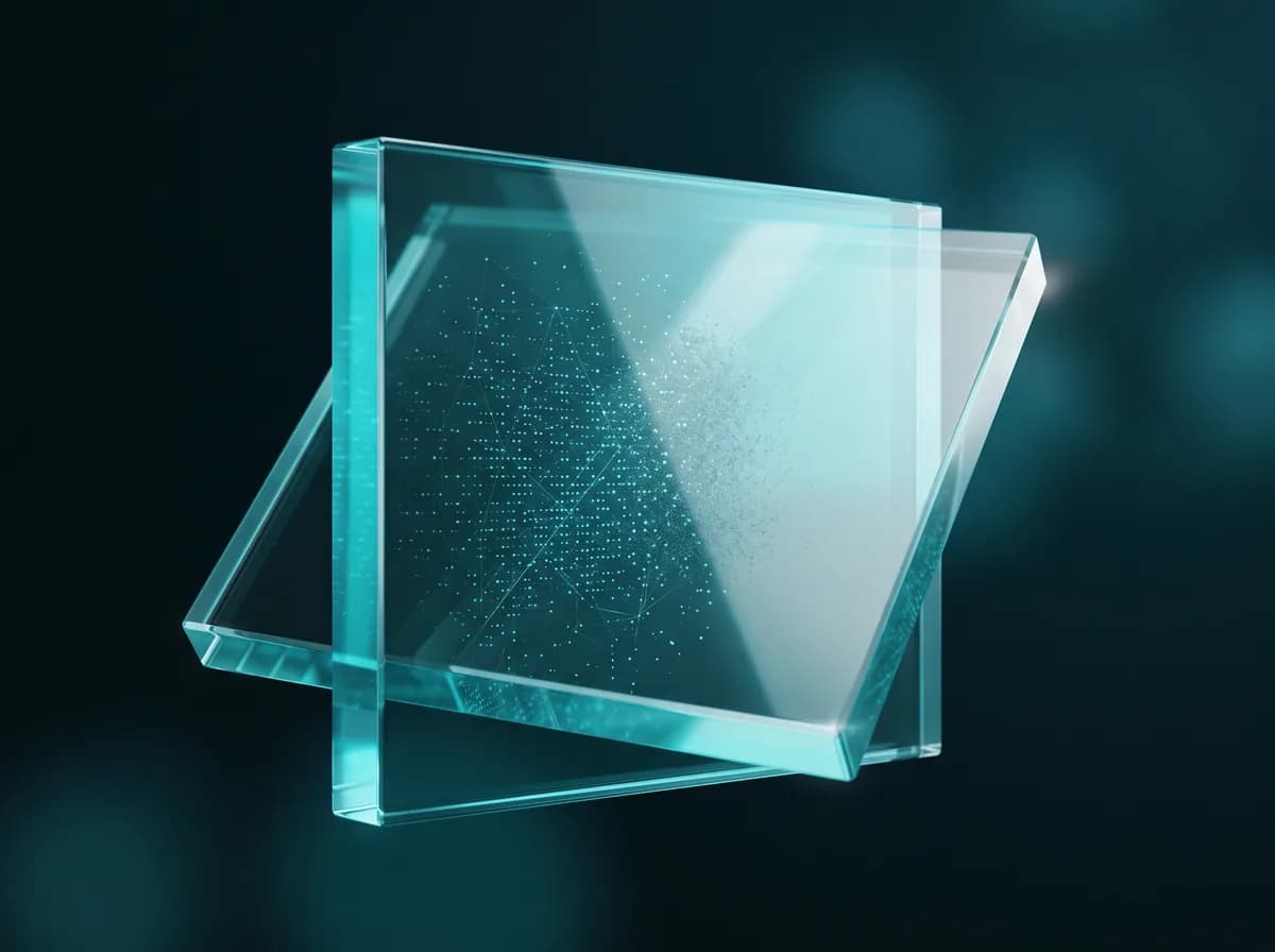 Abstract illustration: fine embedded data points dissolving away from an otherwise untouched luminous pane, suggesting metadata stripped from a photo.
