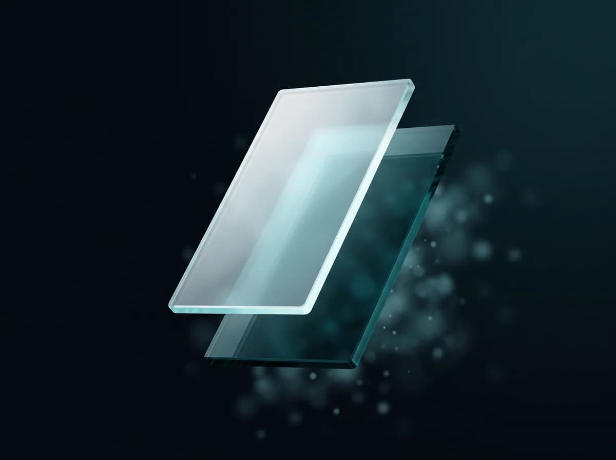 Abstract illustration: a bright pane of glass lifted clear of the darker slab behind it, that slab dissolving into particles along its edge, suggesting a subject cut out of its background.