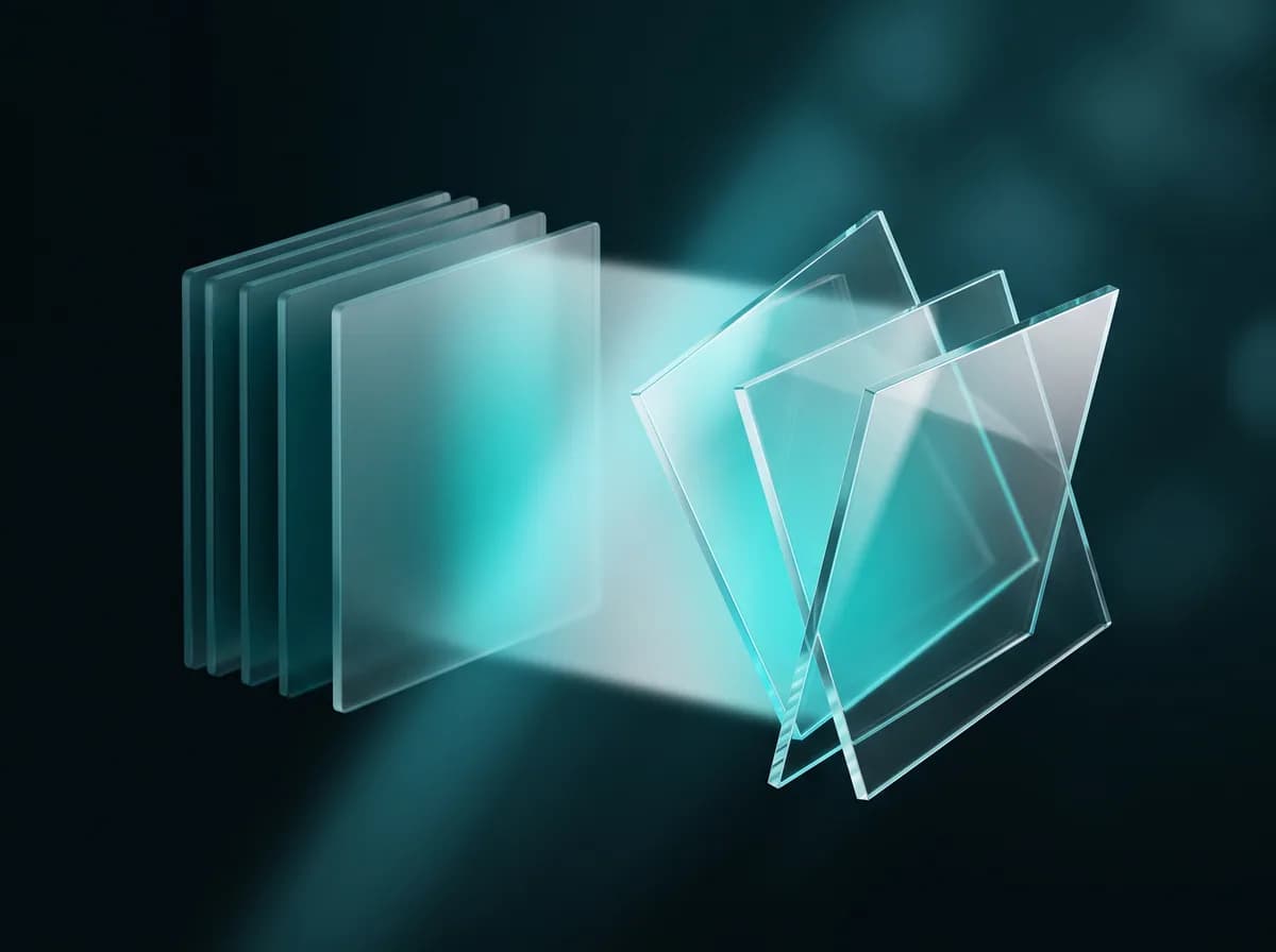 Abstract illustration: opaque plates passing through a beam and emerging as clear panes, suggesting one image format converted into another.