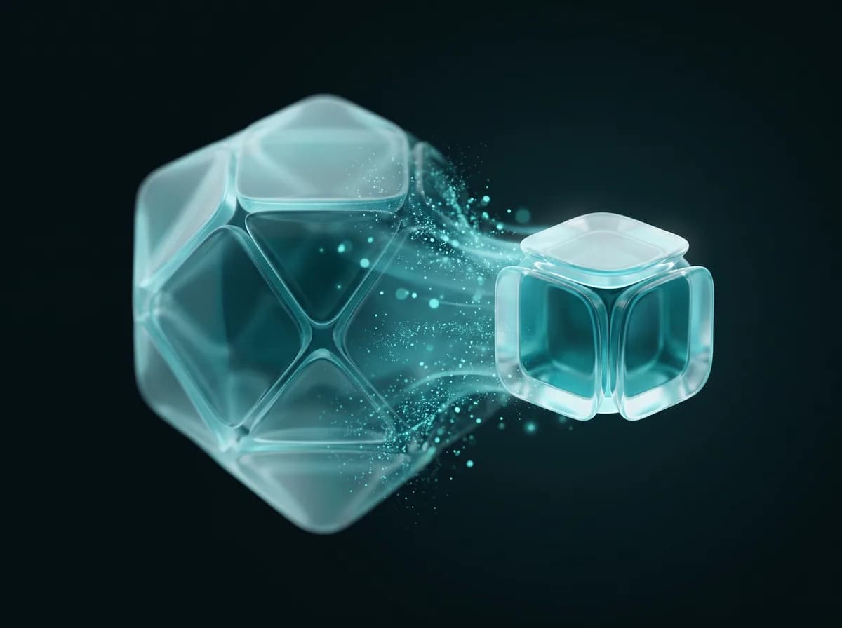 Abstract illustration: a large translucent form contracting into a smaller one of identical proportions, suggesting a smaller file at the same quality.