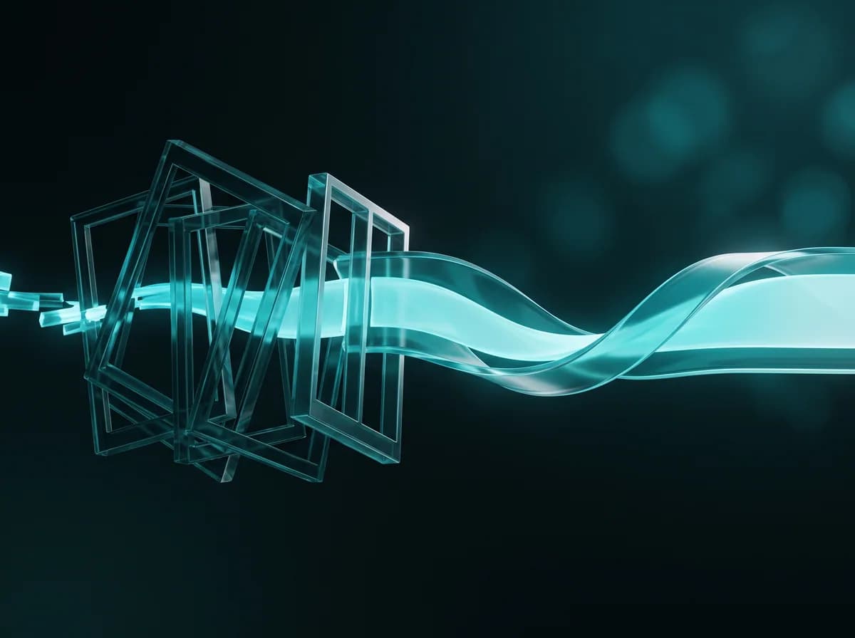 Abstract illustration: stalled misaligned frames straightening into a smooth ribbon of motion, suggesting a video that would not play now playing.